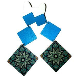 Boho Wooden Diamond Drop Earrings with Blue and Mandala Flower Design